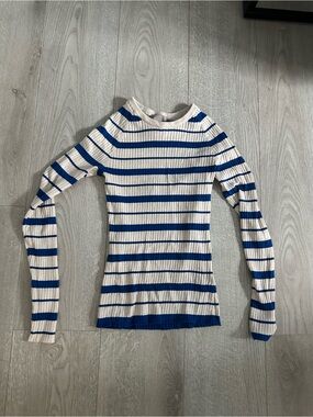 H&M Blue & Cream Ribbed Striped Long-Sleeve Top
